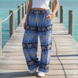 Elephant Palazzo Pants Lounge Boho Casual Blue Women's Sz S/M Boho Indie Vacay